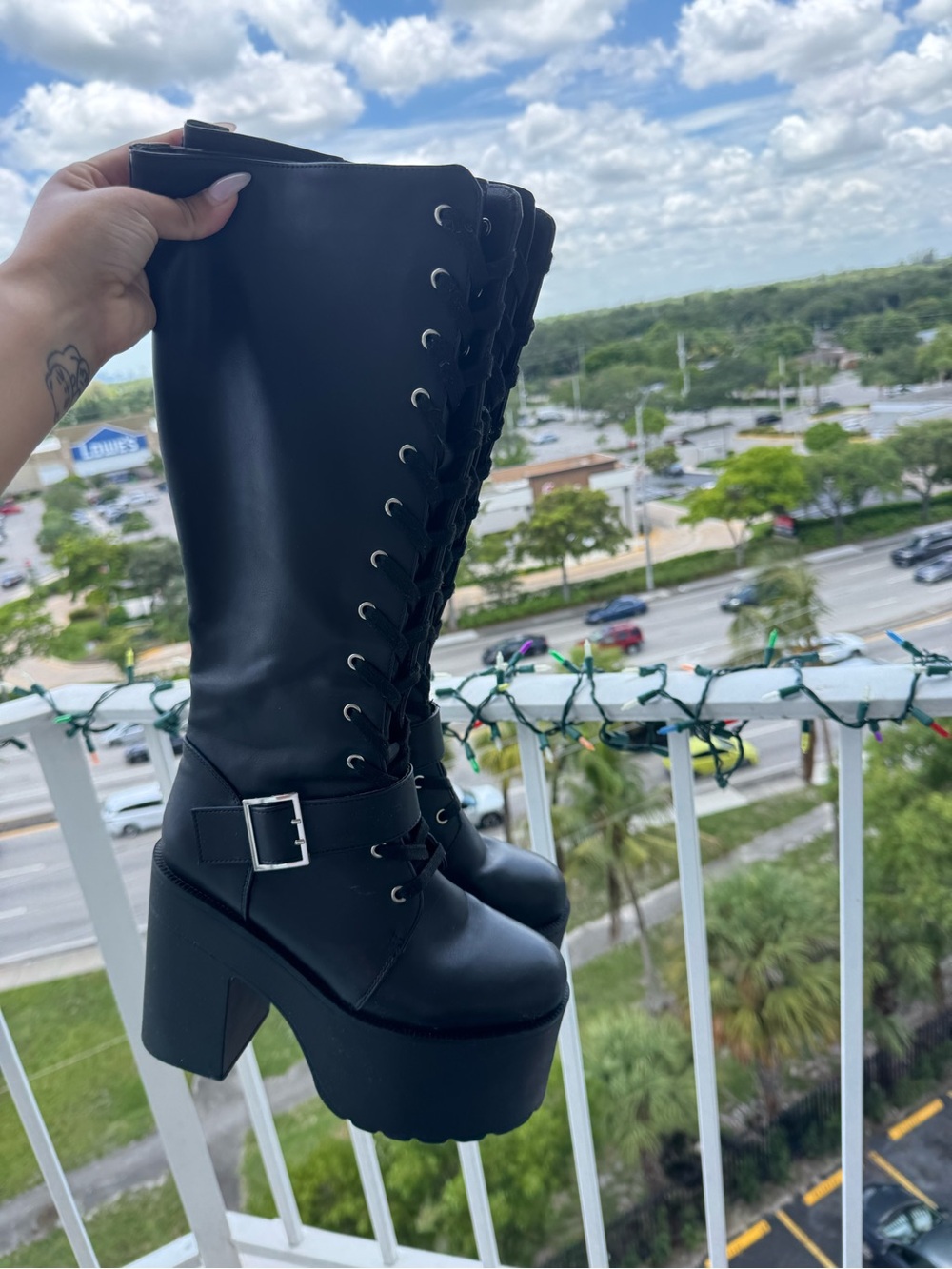 Women's Black Lace-Up Platform Knee-High Boots with Buckle Club Exx Dollskill